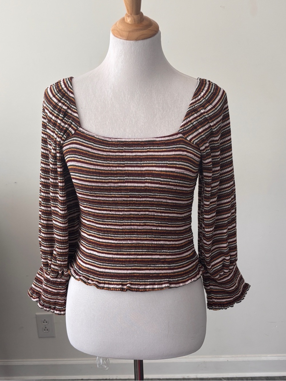 Anthropologie Brown Multi-Stripe Square-Neck Long-Sleeve Top